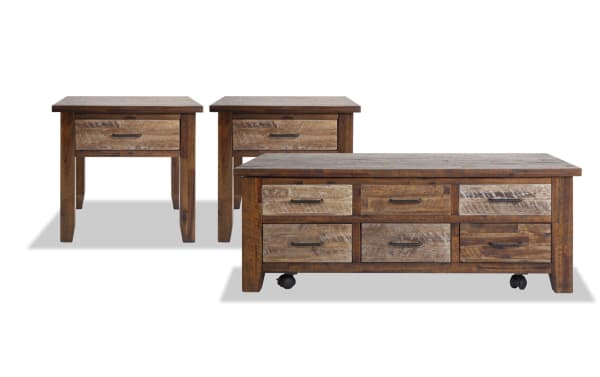 Relic Distressed Brown Rustic Solid Acacia Wood Coffee Table with Lift-Top and 2 End Tables, Iron Drawer Pulls, Multiple Storage Drawers, Relic Entertainment & Occasional Collection