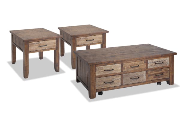 Relic Distressed Brown Storage Solid Wood Coffee & 2 End Table Set in rustic style, solid acacia wood with distressed finish, iron drawer pulls, and multiple spacious drawers for living room organization.