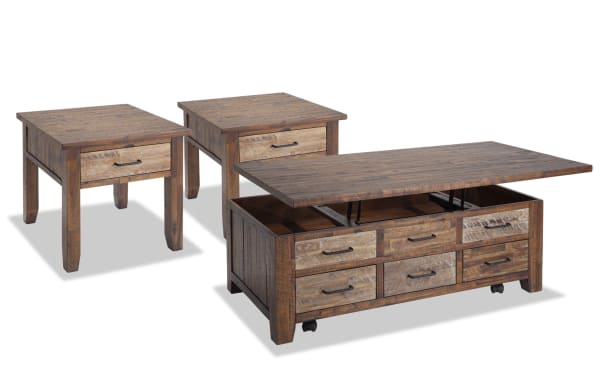 Rustic Relic Entertainment & Occasional solid acacia wood coffee table set in distressed brown with iron drawer pulls, lift-top storage, and two end tables with drawers for versatile living room organization.
