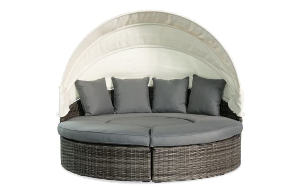 Dream Gray Wicker Outdoor Daybed with adjustable canopy, gray polyester cushions, rust-proof aluminum frame, and hidden storage ottoman.