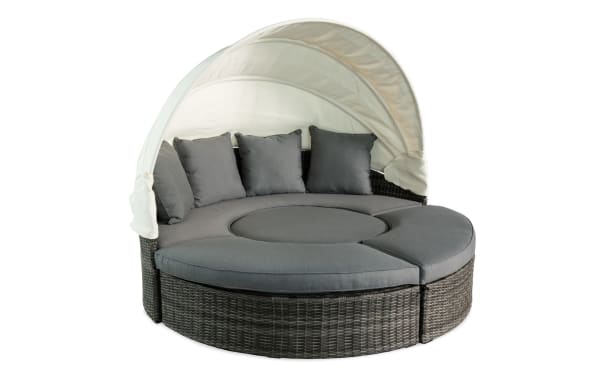 Dream Gray Wicker Outdoor Daybed with adjustable canopy, gray polyester cushions, rust-proof aluminum frame, resin wicker, and hidden storage.