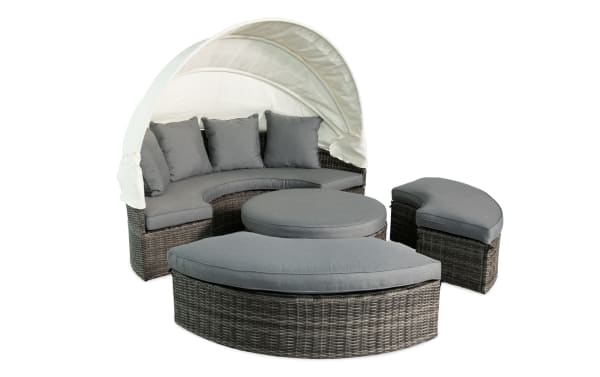 Dream Gray Wicker Outdoor Daybed with adjustable canopy, gray polyester cushions, rust-proof aluminum frame, resin wicker, and hidden storage ottoman.