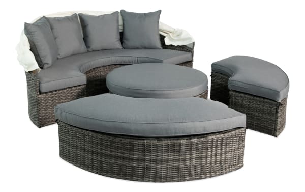 Dream Gray Wicker Outdoor Daybed from Dream Outdoor collection, transitional style with gray polyester cushions, powder-coated metal frame, resin wicker, adjustable canopy, and hidden storage.