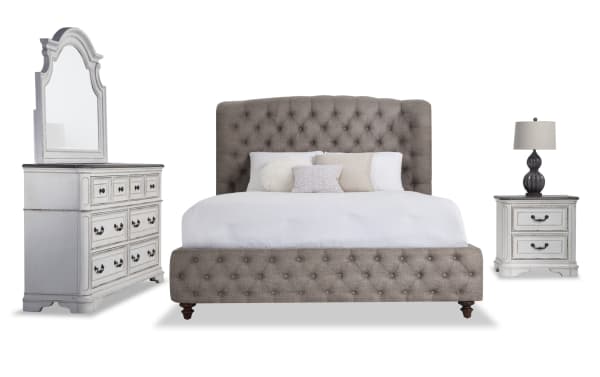 Scarlett 4 Piece Queen White & Gray Upholstered Bedroom Set