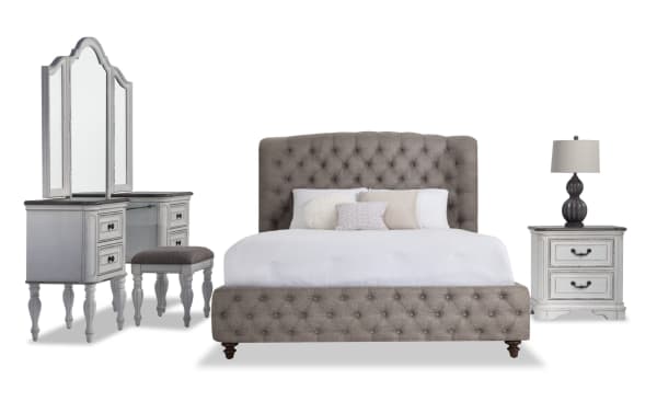 Scarlett 4 Piece Queen White & Gray Upholstered Bedroom Set with Vanity