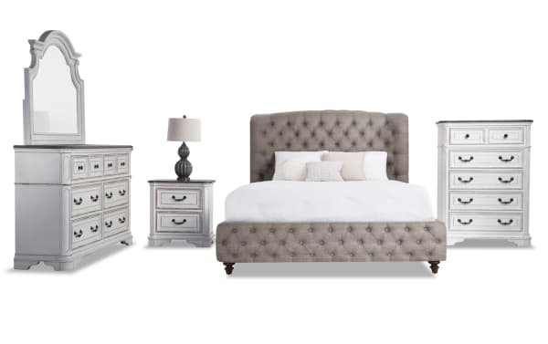Scarlett 5 Piece Queen White & Gray Upholstered Bedroom Set