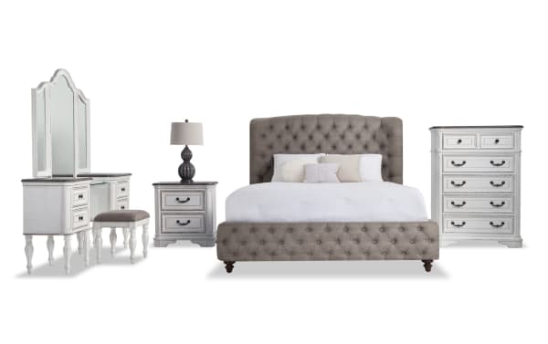 Scarlett 5 Piece Queen White & Gray Upholstered Bedroom Set with Vanity