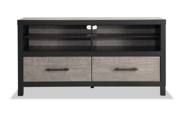 Fusion 50'' Black & Gray TV Stand with poplar, MDF, birch veneer, two-tone finish, bar handle hardware, open shelves, drawers, cord management.