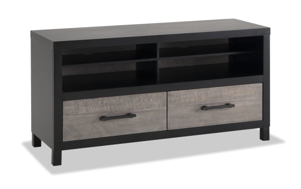 Fusion 50'' Black & Gray TV Stand from Fusion Entertainment & Occasional, transitional style with poplar, MDF, birch veneer, two-tone finish, bar handle hardware, open shelves, and drawers for media storage.