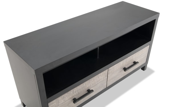 Fusion 50'' black and gray transitional TV stand with poplar, MDF, birch veneer, featuring open shelves, two drawers with bar handles, and cord management.