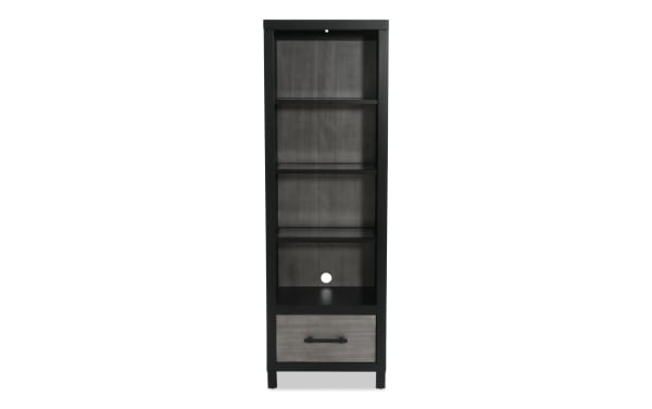 Fusion Black & Gray Universal Pier from Fusion Entertainment & Occasional collection, transitional style with MDF, poplar, birch veneers, tempered glass, adjustable glass shelves, LED lighting, cord management, and two-tone finish with bar handle hardware.
