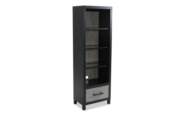 Fusion Black & Gray Universal Pier from Fusion Entertainment & Occasional collection, featuring transitional style, two-tone MDF and poplar build, adjustable tempered glass shelves, bar handle hardware, touch-activated LED lighting, and rear cord management.