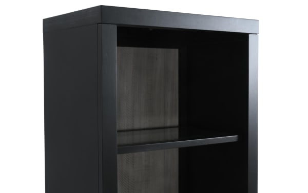 Fusion Black & Gray Universal Pier from Fusion Entertainment & Occasional collection, featuring transitional style, black and gray MDF and birch veneer, tempered glass shelves, and bar handle hardware.