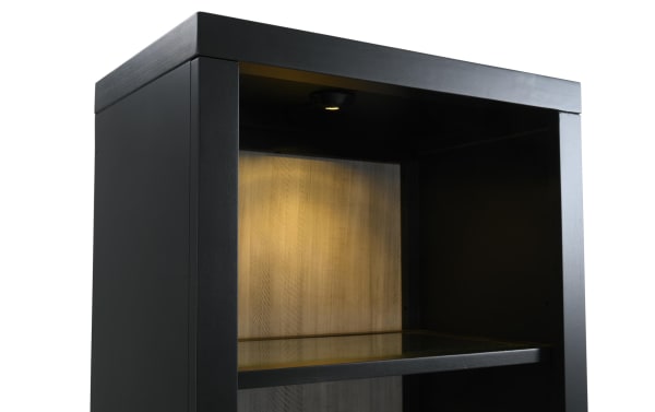 Transitional Fusion Black & Gray Universal Pier with two-tone MDF, poplar, birch veneers, tempered glass shelves, LED lighting, and cord management.