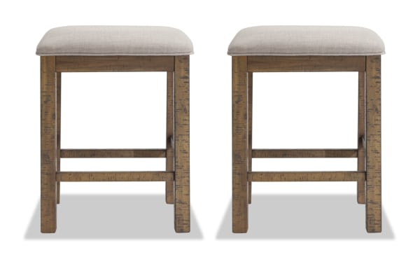 Set of 2 Sonoma Natural & Beige Backless Upholstered Counter Height Stools with beige polyester fabric seats, solid acacia wood frame, and transitional rustic style.