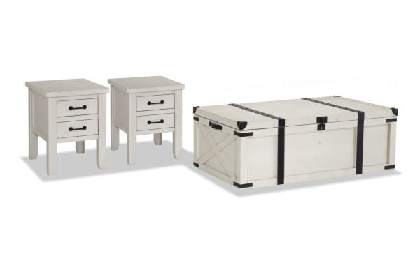 Montana Entertainment & Occasional rustic white wood Montana White Storage Trunk Coffee Table with black hardware and 2 chairside tables with USB ports and power outlets