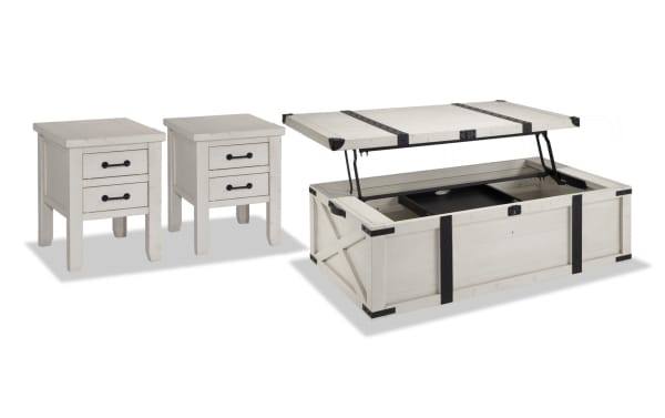 Montana White Storage Trunk Coffee Table and 2 Chairside Tables set in rustic white wood with distressed finish, black hardware, USB and power outlets.