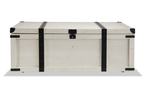 Rustic Montana White Storage Trunk Coffee Table from Montana Entertainment & Occasional collection, wood with distressed white finish and black metal accents.