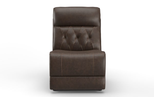 Brown leather armless accent chair with diamond-pattern stitching and cushioned seat and backrest, suitable for living room seating.