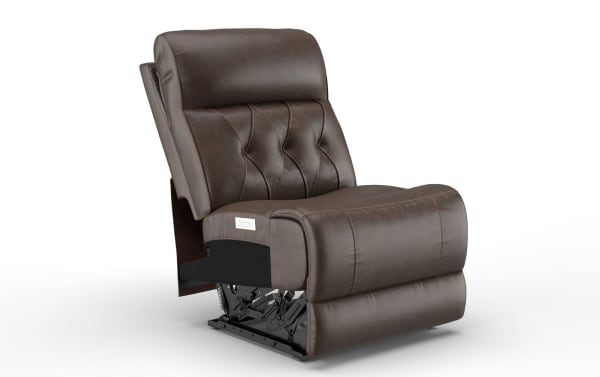 Brown leather recliner chair with padded backrest and seat, featuring detailed stitching and metal reclining mechanism base.