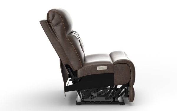 Brown leather power recliner chair with visible metal reclining mechanism, cushioned headrest, and side control panel for adjustable comfort.