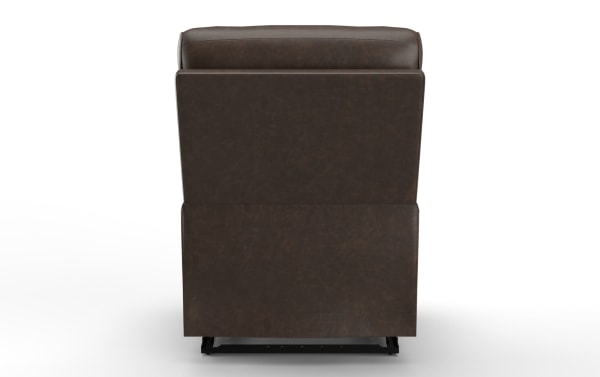 Dark brown leather recliner chair shown from the back, featuring cushioned upholstery and a sturdy metal reclining base.
