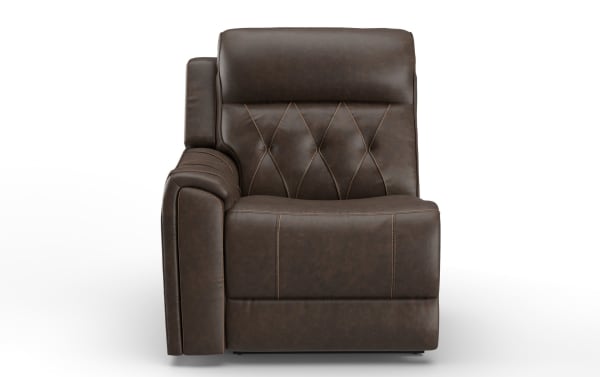 Dark brown leather recliner chair with diamond-pattern stitching on the backrest, padded armrest, and cushioned seat, designed for comfort and style.