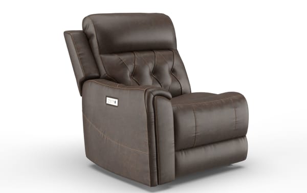 Dark brown leather recliner chair with detailed stitching, padded armrests, and cushioned backrest, featuring a side control panel.