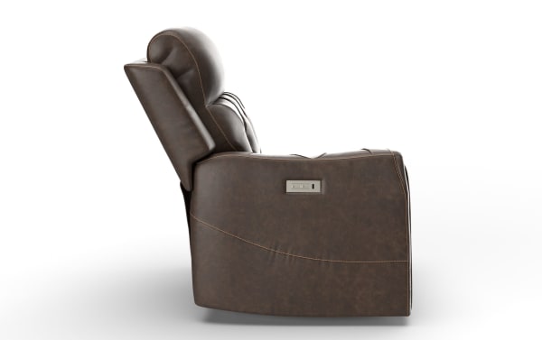 Brown leather reclining chair with visible stitching, padded headrest, and side control panel for adjusting recline position.