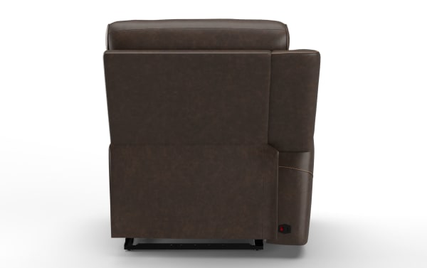 Dark brown leather recliner chair shown from the back, featuring visible stitching and a side control panel for reclining functions.