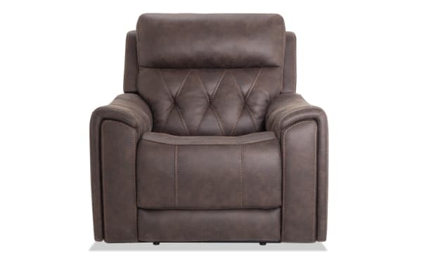 Canyon Walnut Power Recliner in brown polyester fabric with transitional style, featuring power headrest, power recline, and padded armrests.