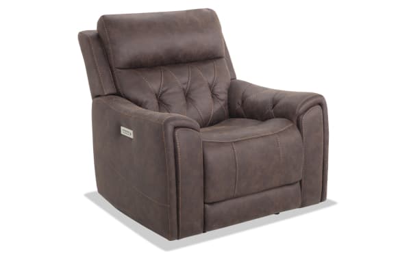 Canyon Walnut Power Recliner in brown polyester fabric with power headrest, power recline, cup holders, and transitional style upholstery.