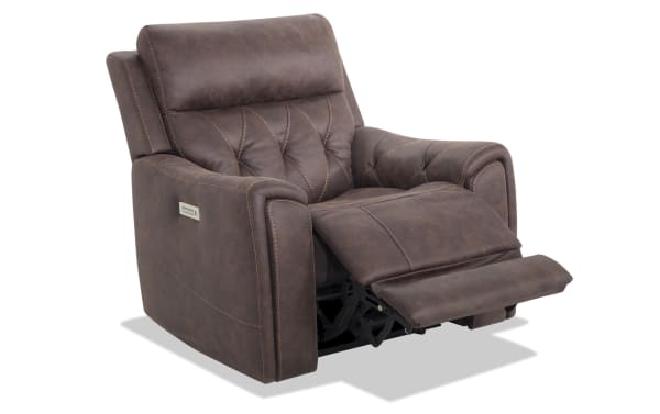Canyon Walnut Power Recliner in brown polyester fabric with power headrest, power recline, cup holders, and transitional style upholstery.