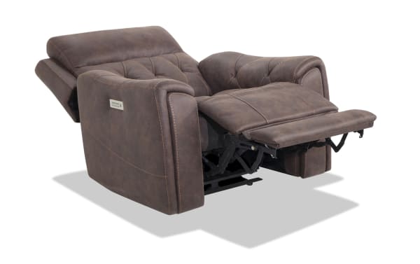 Canyon Walnut Power Recliner with power headrest and recline, brown polyester fabric upholstery, transitional style, with padded arms and cup holders.