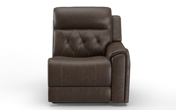 Brown leather recliner chair with diamond-pattern stitching on the backrest, cushioned armrest, and modern design for living room comfort.