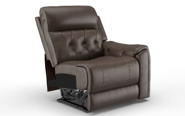 Brown leather recliner chair with padded armrests, tufted backrest, and visible reclining mechanism, designed for comfort and relaxation.