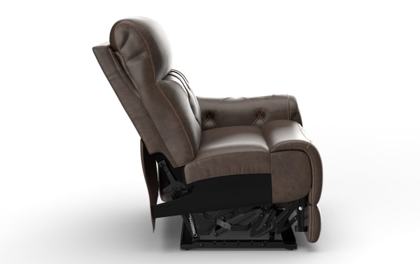 Brown leather recliner chair with padded armrests, cushioned backrest, and visible reclining mechanism in a side profile view.