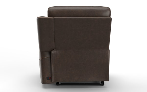 Dark brown leather recliner chair shown from the back, featuring visible stitching and a power outlet with a red switch on the lower side.