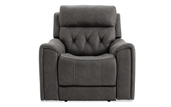 Canyon Gray Power Recliner with power headrest and recline, gray polyester fabric upholstery, transitional style, padded arms with built-in cup holders.