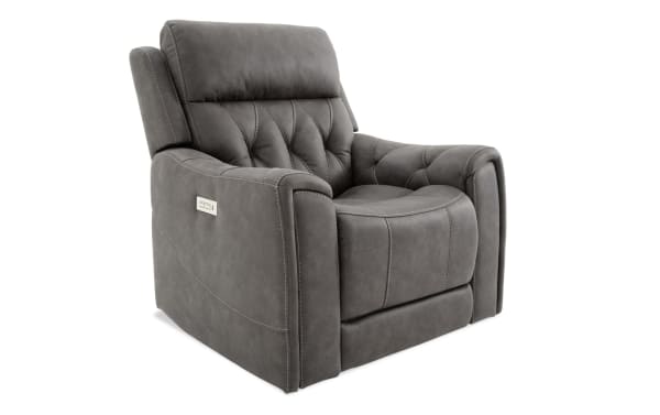 Canyon Gray Power Recliner with power headrest and recline, gray polyester fabric upholstery, transitional style, dual arm cup holders, Canyon collection.