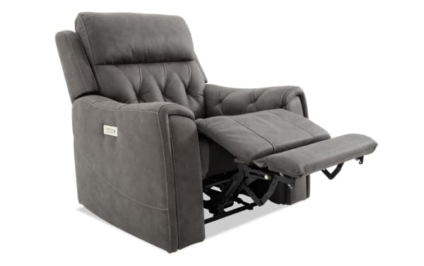 Canyon Gray Power Recliner with power headrest and recline, gray polyester fabric upholstery, transitional style, featuring padded arms and cup holders.