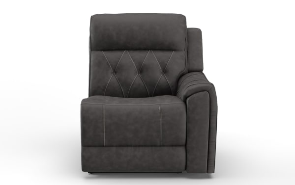 Dark gray leather recliner chair with diamond-pattern stitching on the backrest, cushioned armrest, and modern design for living room seating.