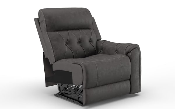 Dark gray upholstered reclining armchair with plush cushioning, detailed stitching, and padded armrests, designed for comfort and relaxation.