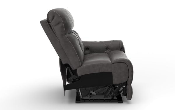 Gray upholstered reclining chair in a semi-reclined position, featuring plush cushioning, visible stitching, and a sturdy metal reclining mechanism.