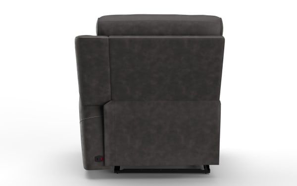 Dark gray leather recliner chair shown from the back, featuring visible stitching and a power recline control switch on the left side.