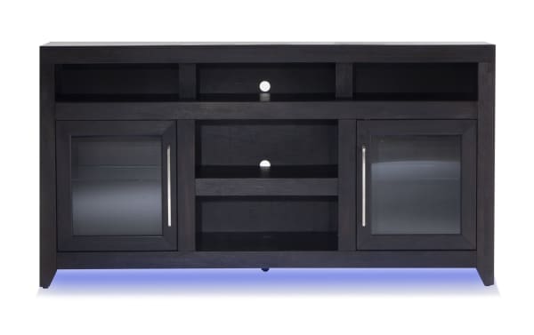 Cosmopolitan 65" black acacia veneer TV stand with glass doors, silver hardware, adjustable shelves, soundbar shelf, cable cut-outs, and blue LED lighting.