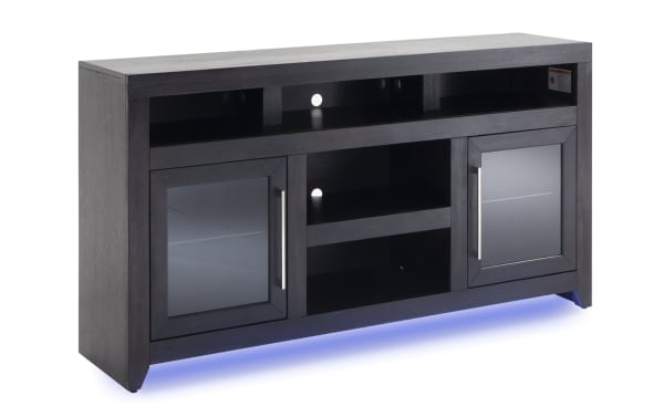 Cosmopolitan 65'' black acacia veneer TV stand with glass doors, silver hardware, adjustable shelves, soundbar space, and blue LED mood lighting.