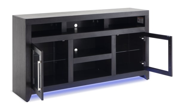 Cosmopolitan 65" black acacia veneer TV stand with glass doors, adjustable shelves, soundbar space, cable cut-outs, and blue LED lighting.