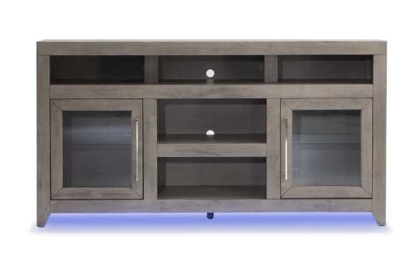 Cosmopolitan 65'' gray contemporary TV stand with MDF, acacia veneer, glass doors, silver hardware, adjustable shelves, soundbar space, and blue LED lighting.
