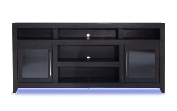 Cosmopolitan 75" black contemporary TV stand with MDF, acacia veneers, glass doors, silver hardware, soundbar shelf, adjustable storage, and LED lighting.